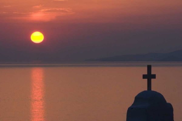 Greece, Mykonos Greek Orthodox church, sunset